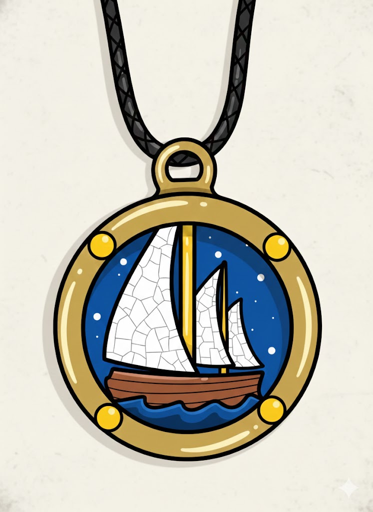A brass medallion pendant with a sailboat design and enamel sails